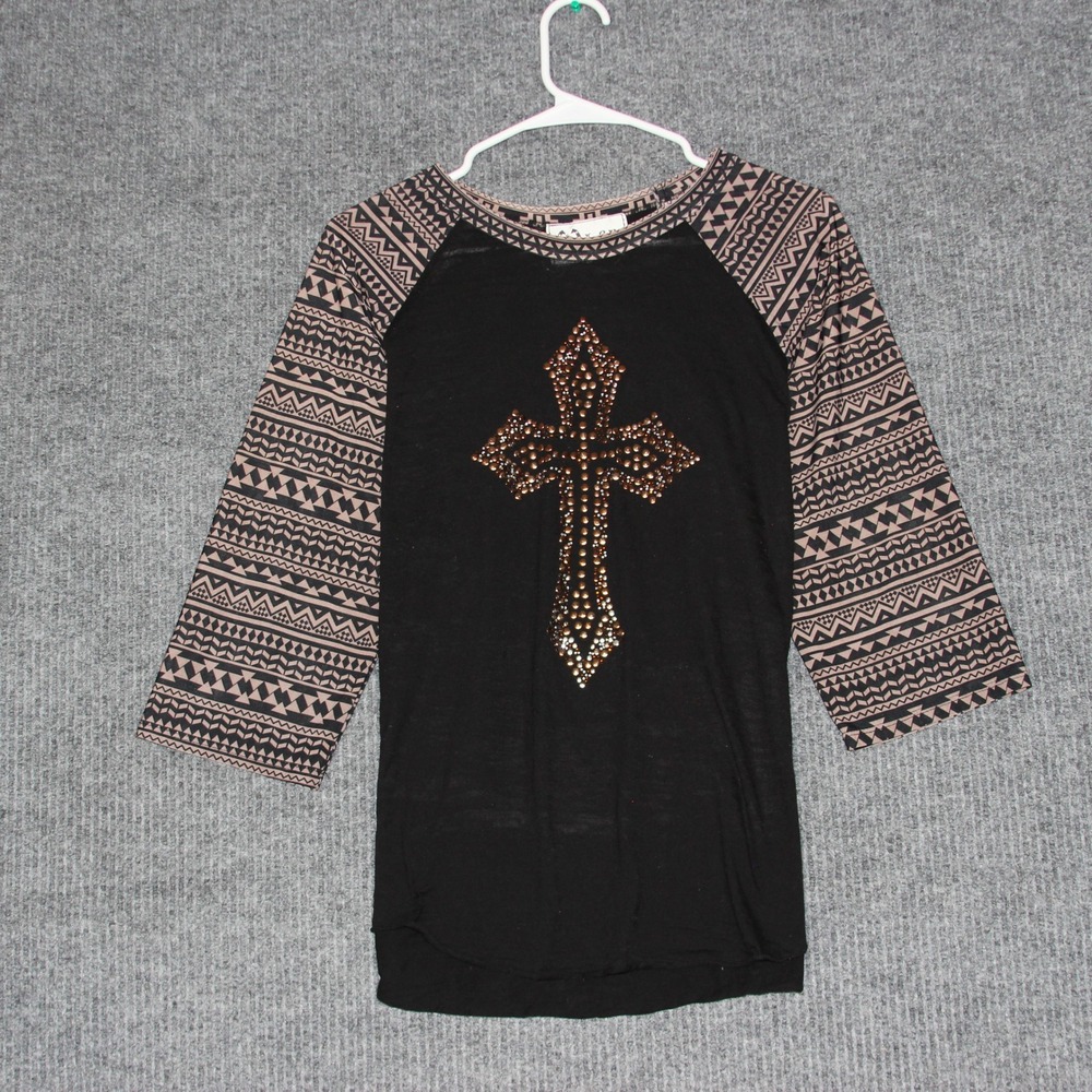 L&B Black Rhinestone Cross Baseball Tee Shirt 3/4 Sleeve‎ Women's Grunge XL